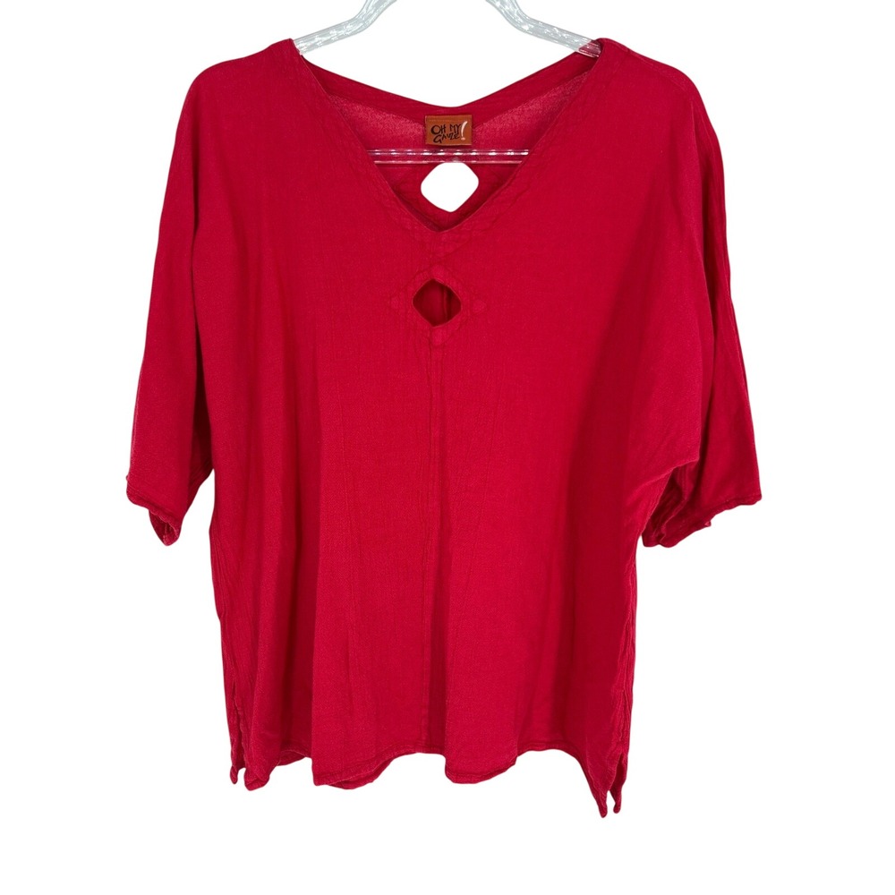 OH MY GAUZE Top Women's L/XL Red V-Neck Cutout Short Sleeve Cotton Lagenlook 2